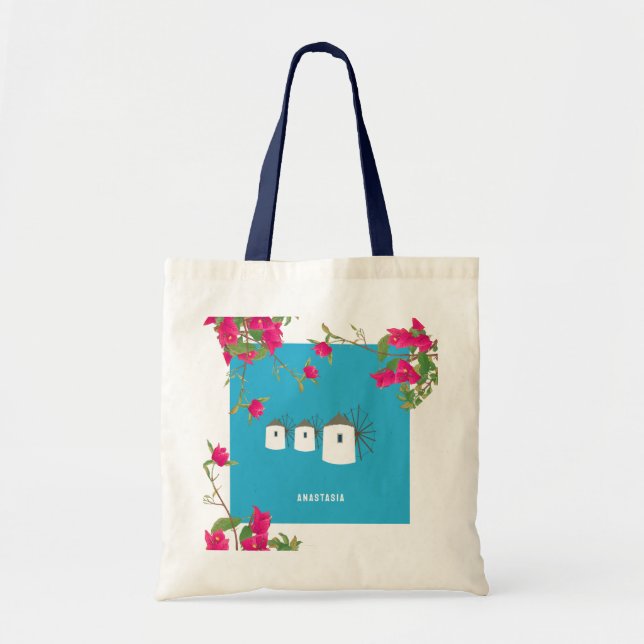 Greece Bougainvillea Greek Island Windmills Name Tote Bag (Front)