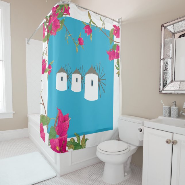 Greece Bougainvillea Greek Island Windmills Shower Curtain (In Situ)