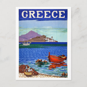 Greece, coast, fishing boat in the water, vintage postcard