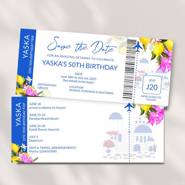 Greece Destination birthday save the date  Invitation (Greece Destination birthday party save the date Invitation boarding pass ticket invite card template)
