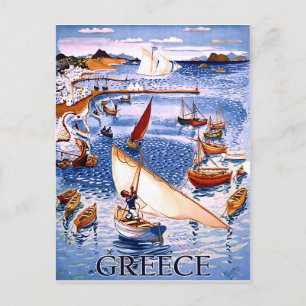 Greece, fishing boats on the coast, vintage travel postcard