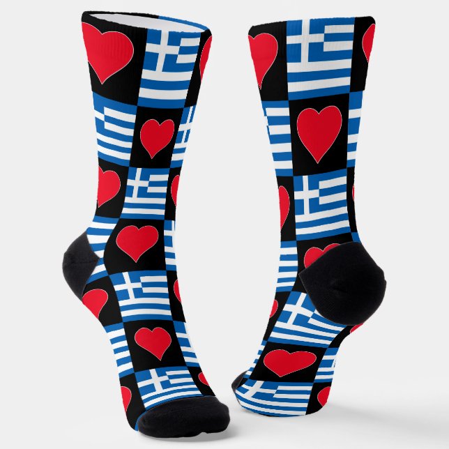 Greece Flag Heart Pattern Fun Greek Pride Socks (Angled)
