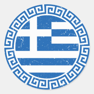 Greece Flag With Greek Key Pattern Distressed Classic Round Sticker