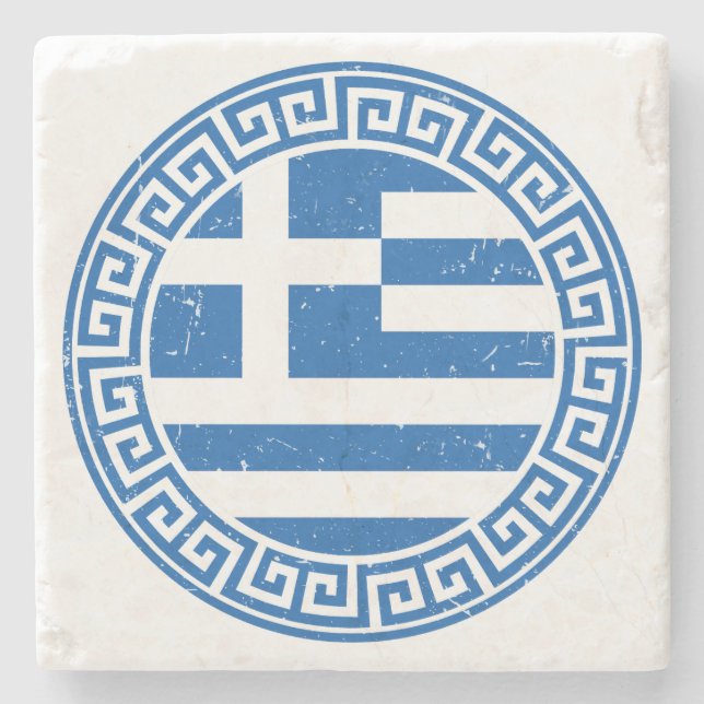 Greece Flag With Greek Key Pattern Stone Coaster (Front)