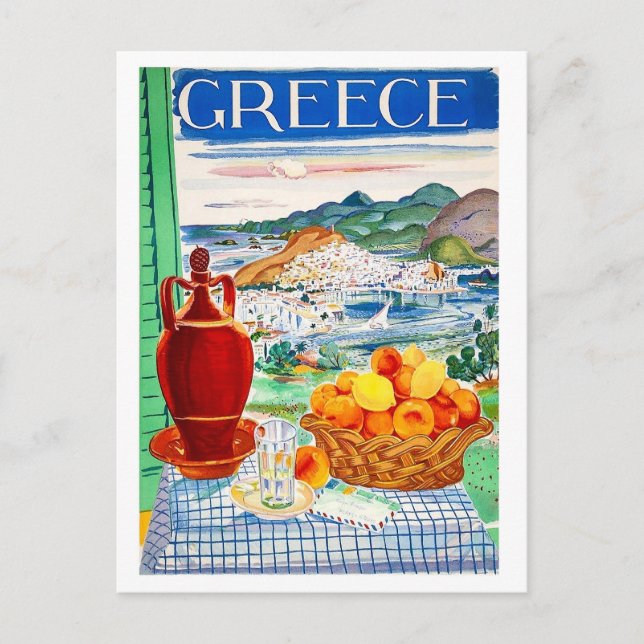Greece, fruits on table, window landscape view postcard (Front)