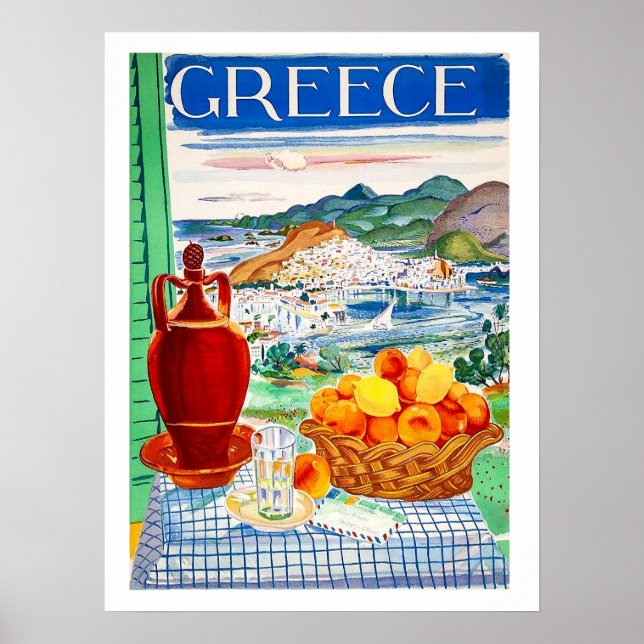 Greece, fruits on table, window landscape view poster (Front)