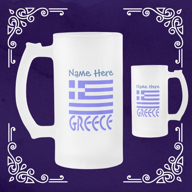 Greece Greek Flag Blue Personalisation  Frosted Glass Beer Mug (Creator Uploaded)