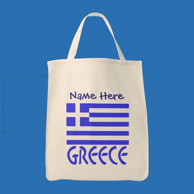 Greece Greek Flag Blue Personalisation  Tote Bag (Personalized tote bag with Greek flag and the word GREECE below in blue letters. Add a name above.)