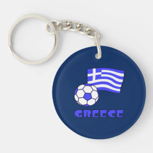 Greece Greek Flag with Soccer Ball Blue Background Key Ring