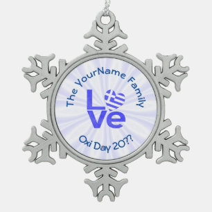 Greece Heart Flag Blue LOVE Personalised  Snowflake Pewter Christmas Ornament
