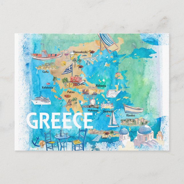 Greece Illustrated Travel Map with Landmarks Postcard (Front)