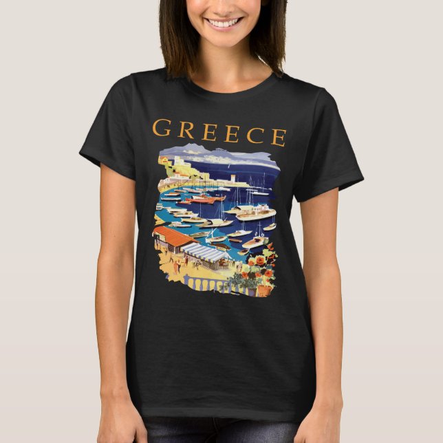 Greece Island Harbour Retro Travel T-Shirt (Front)