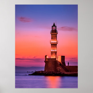 Greece Lighthouse at Night Poster