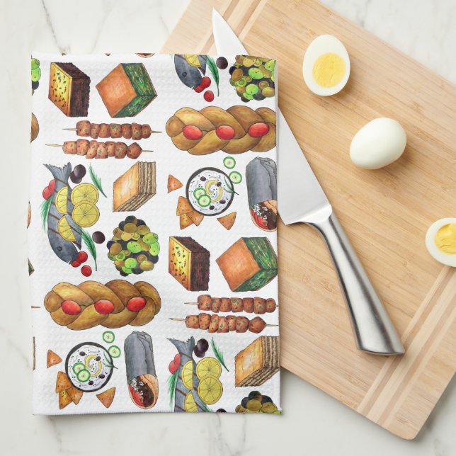 Greece Mediterranean Foods Print Greek Cuisine Tea Towel (Quarter Fold)