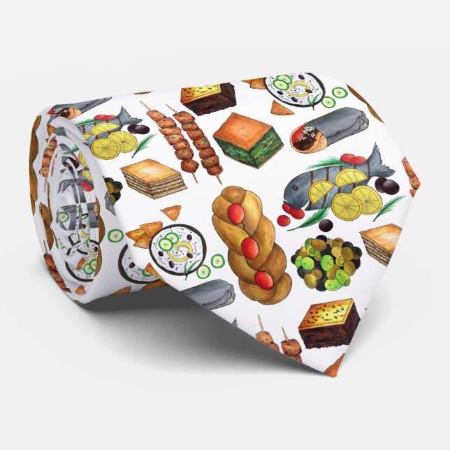 Greece Mediterranean Foods Print Greek Cuisine Tie (Rolled)