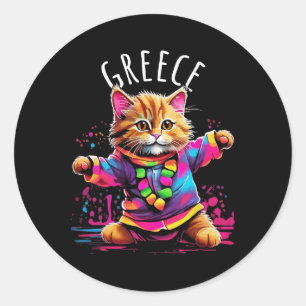 Greece Quirky Funny Cute Colourful Dancing Cat Des Classic Round Sticker