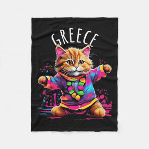 Greece Quirky Funny Cute Colourful Dancing Cat Des Fleece Blanket