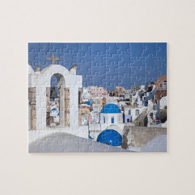 Greece, Santorini. Bell tower and blue domes of 2 Jigsaw Puzzle (Horizontal)