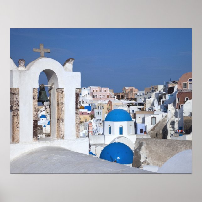 Greece, Santorini. Bell tower and blue domes of 2 Poster (Front)