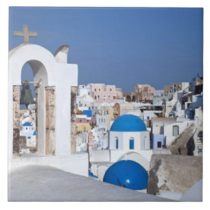 Greece, Santorini. Bell tower and blue domes of 2 Tile