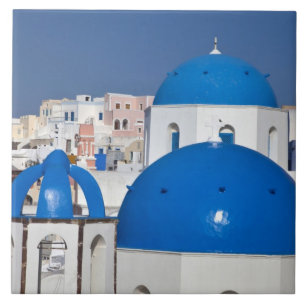Greece, Santorini. Bell tower and blue domes of Tile
