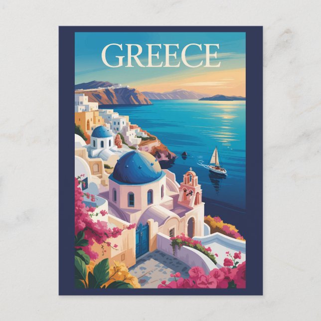 Greece Santorini Illustration Travel Art Vintage Postcard (Front)