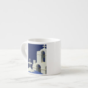 Greece, Santorini. View of a Greek church and Espresso Cup