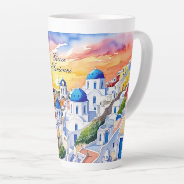 Greece Santorini Watercolor Sketch Aegean Sea |  Latte Mug (Right Angle)