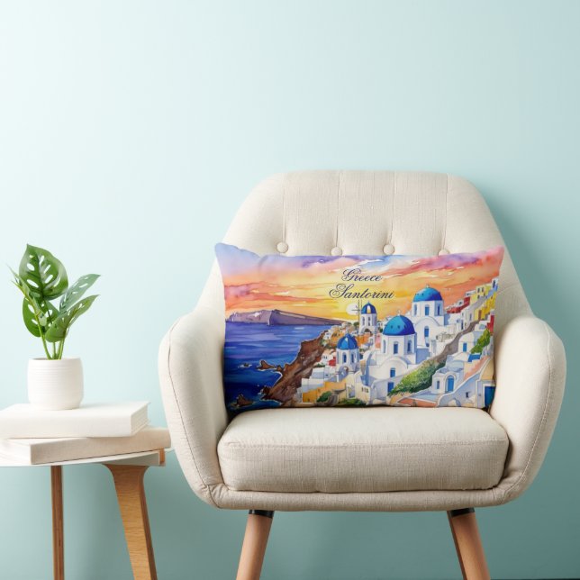 Greece Santorini Watercolor Sketch Aegean Sea |  Lumbar Cushion (Chair)