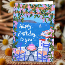Greece Terrace Views Art Painting Happy Birthday
