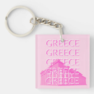 Greece, Travel Art, Pastel Travel Art, Pink Key Ring