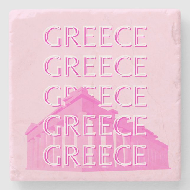 Greece, Travel Art, Pastel Travel Art, Pink Stone Coaster (Front)