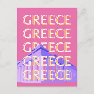 Greece Travel Art, Summer Travel Art, Retro, Pink Holiday Postcard