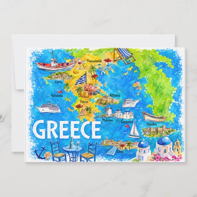 Greece Watercolor Travel Map Postcard (Front)