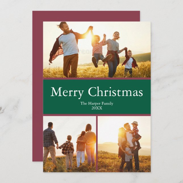 Greed Red Cute Family 3 Photo Merry Christmas Holiday Card (Front/Back)