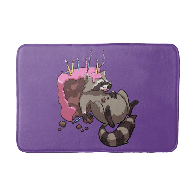 Greedy Racoon Full of Birthday Cake Cartoon Bath Mat (Front)