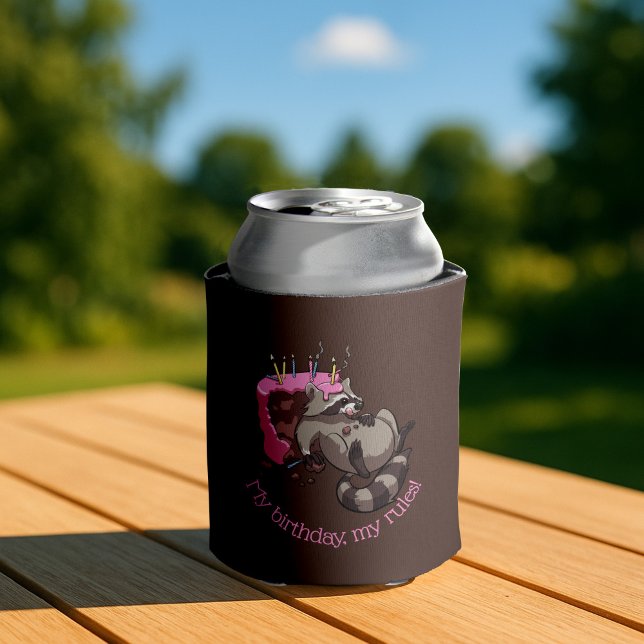 Greedy Racoon Full of Birthday Cake Cartoon Can Cooler (Creator Uploaded)