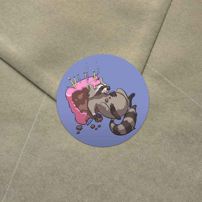 Greedy Racoon Full of Birthday Cake Cartoon Classic Round Sticker (Creator Uploaded)