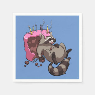 Greedy Racoon Full of Birthday Cake Cartoon Napkin