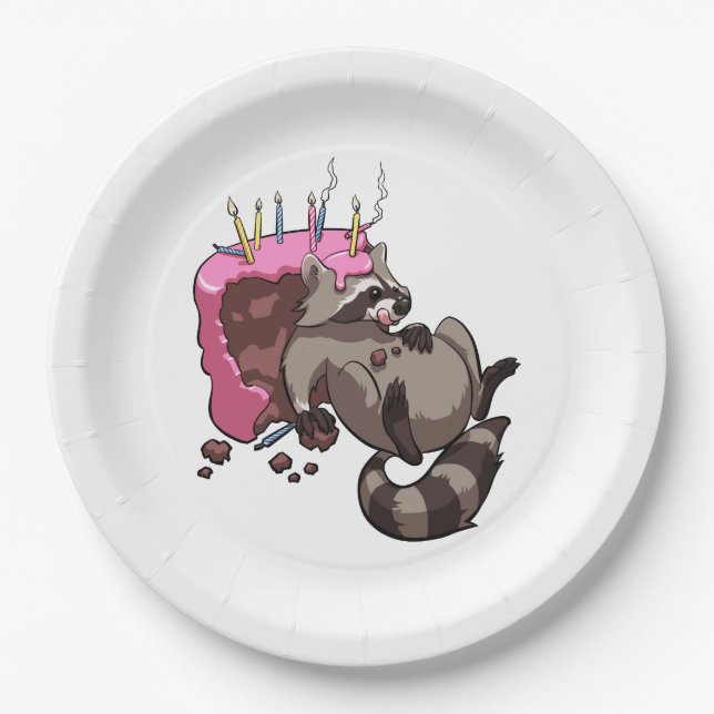Greedy Racoon Full of Birthday Cake Cartoon Paper Plate (Front)