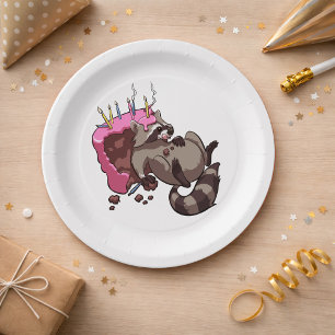 Greedy Racoon Full of Birthday Cake Cartoon Paper Plate