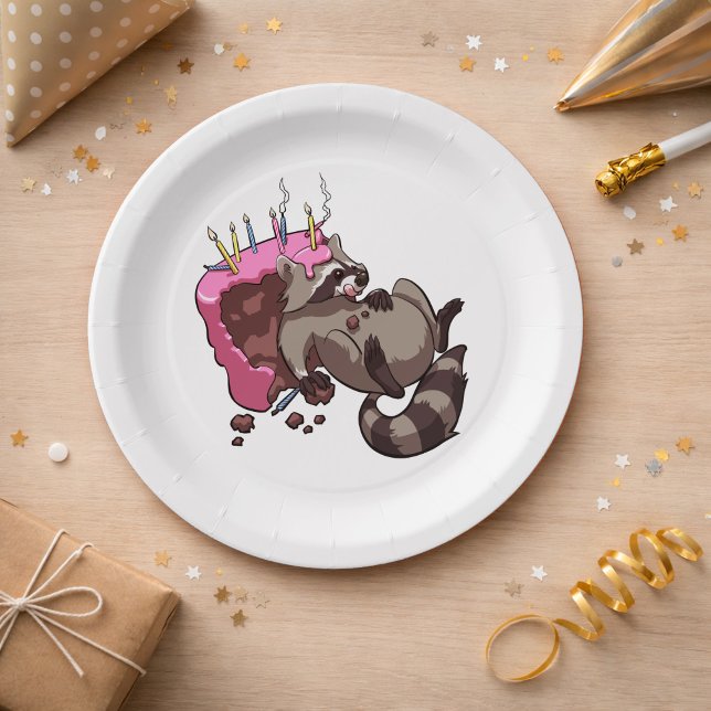 Greedy Racoon Full of Birthday Cake Cartoon Paper Plate (Creator Uploaded)