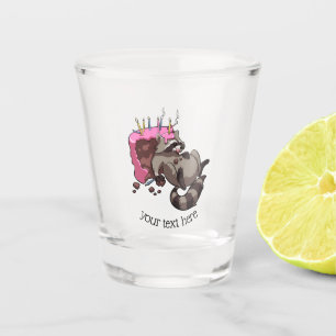 Greedy Racoon Full of Birthday Cake Cartoon Shot Glass