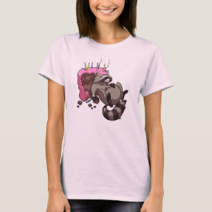 Greedy Racoon Full of Birthday Cake Cartoon T-Shirt