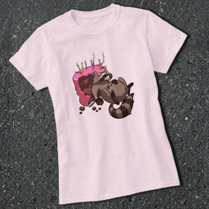 Greedy Racoon Full of Birthday Cake Cartoon T-Shirt