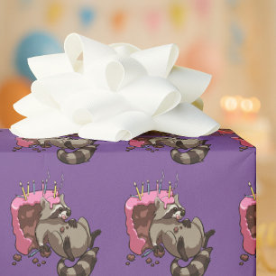 Greedy Racoon Full of Birthday Cake Cartoon Wrapping Paper