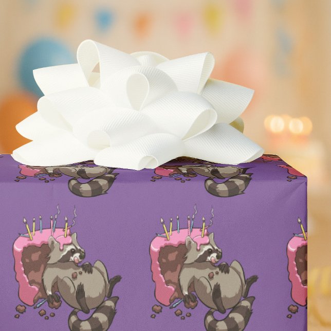 Greedy Racoon Full of Birthday Cake Cartoon Wrapping Paper (Creator Uploaded)