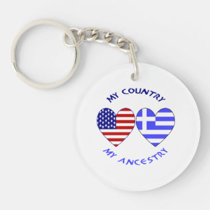 Greek and USA Flags Hearts Country Ancestry Key Ring