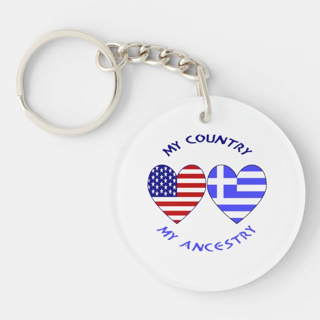 Greek and USA Flags Hearts Country Ancestry Key Ring (Front)