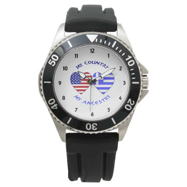 Greek and USA Flags Hearts Country Ancestry Watch (Front)